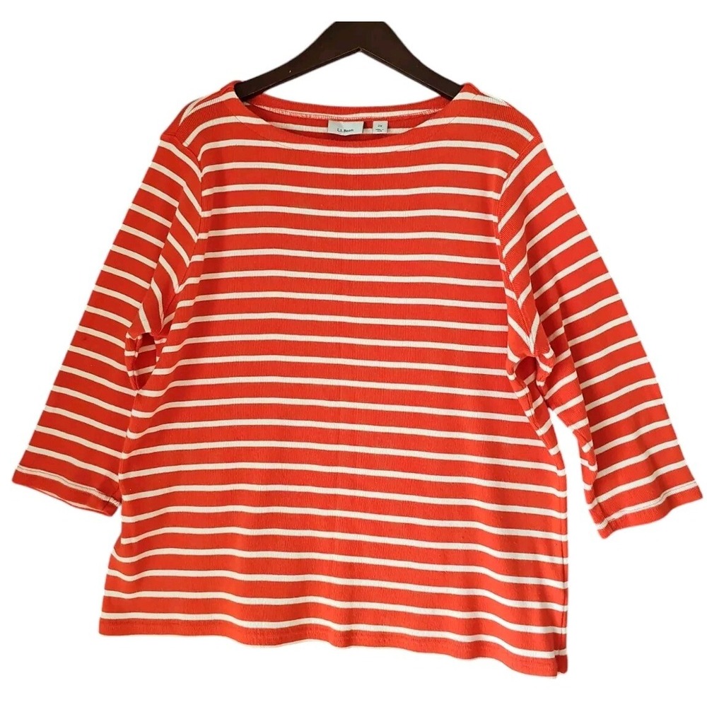 LL BEAN Women's Cotton Red White Striped Boatneck Half Sleeve Stretch Top 2X